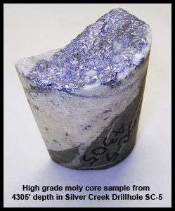 High grade molybdenum core sample from 4305' depth in Silver Creek Drillhole SC-5